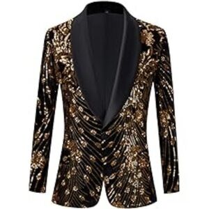 MENS Velvet Shiny Sequins Suit Lapel Slim Fit Stylish Blazer Jacket  lon…
